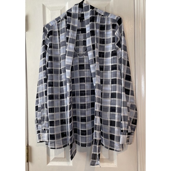 Ann Taylor Tops - Ann Taylor Sheer Blouse Small Blue Plaid Tie Neck Long Sleeve Office Workwear‎